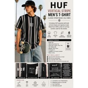HUF Vertical Stripe Tee Shirt Mens Medium Black Pink Gray Skate Streetwear